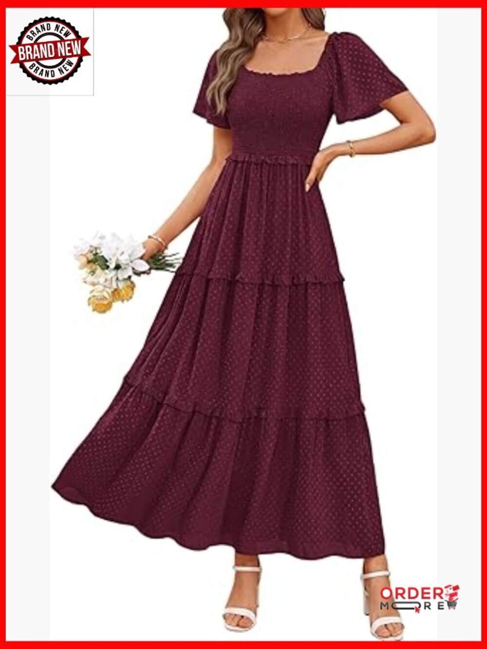 Summer Boho Maxi Dress with Pockets Smocked Square Neck Swiss Dot Flutter Sleeve